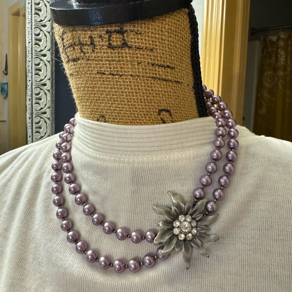 Purple Hand-Beaded Necklace with Flower Pendant